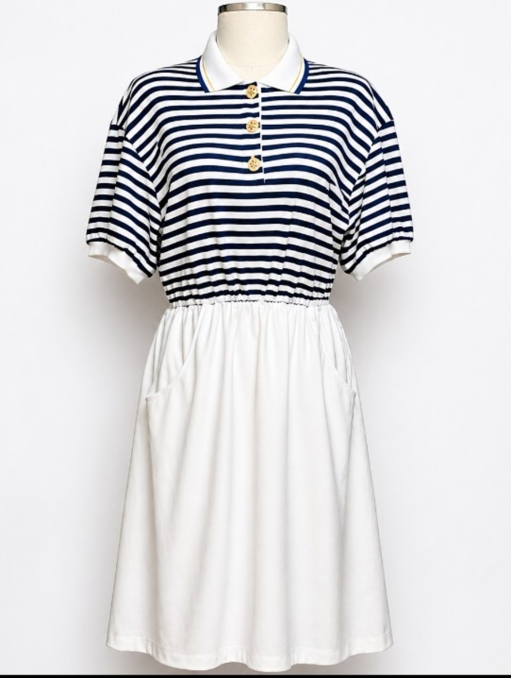 Vintage Popovitch  Breton Stripe Polo Dress Blue White Cotton Blend Knit Sz 16